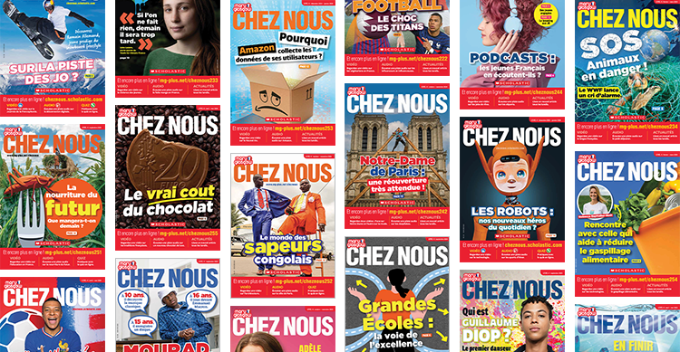 Collage of French-language Chez Nous magazine covers on various topics